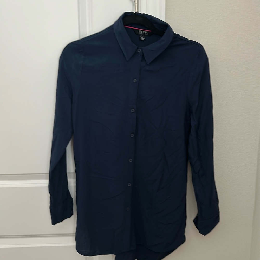 IM NYC long sleeve navy blouse with buttons up side